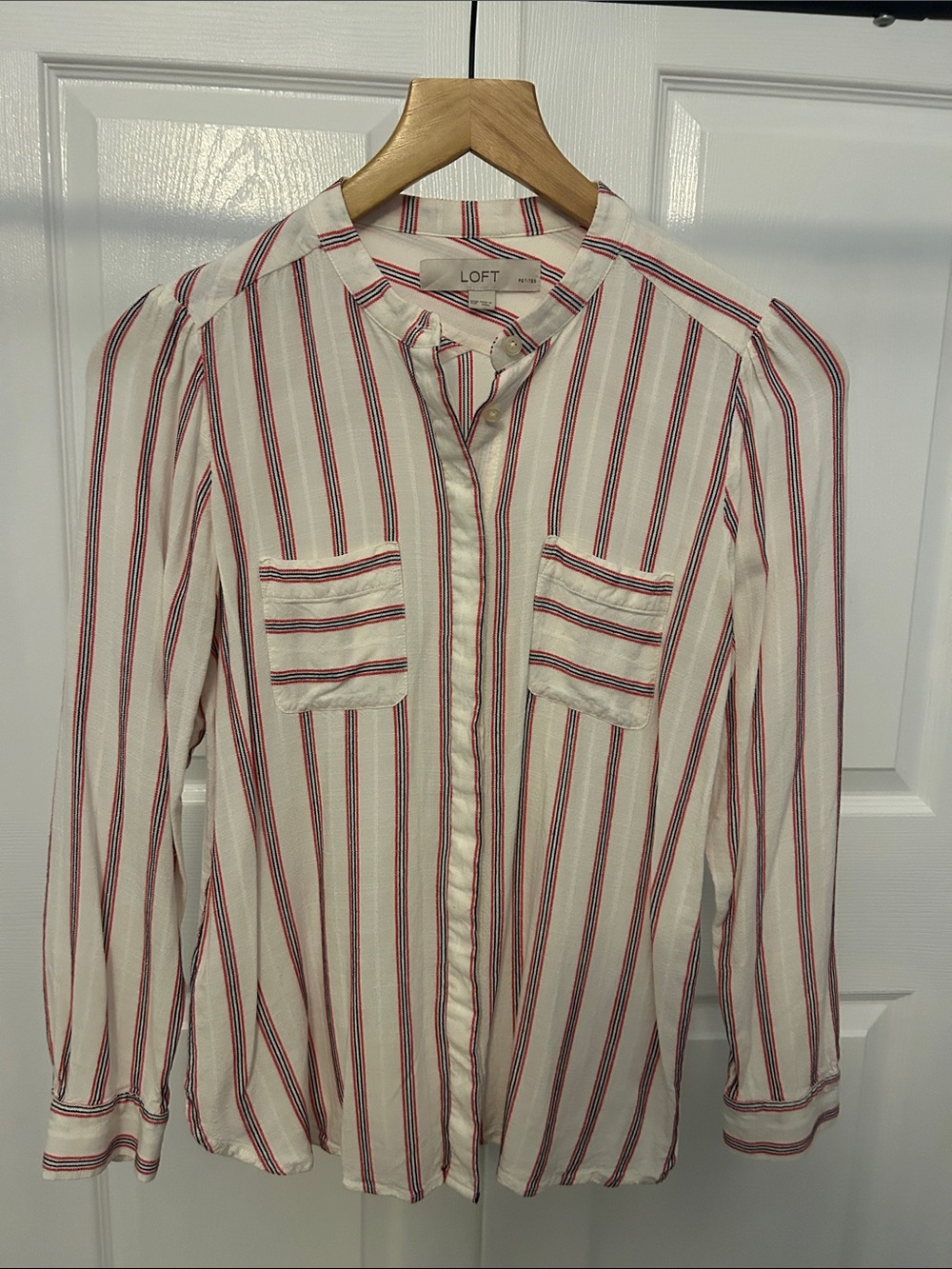 LOFT Petite Striped Blouse in White & Red Like New